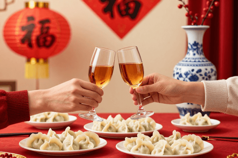 中式美食素材：喜庆新年：中式聚餐与团圆美酒
