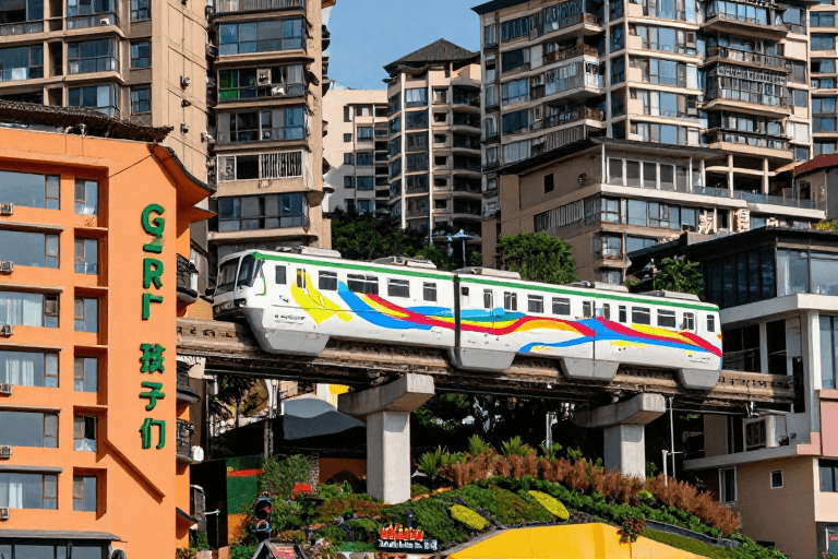 城市风光素材：重庆轻轨彩列车穿梭都市光影