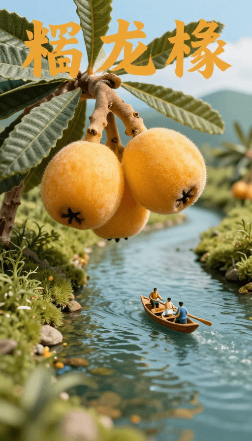 微缩模型素材：移轴河畔枇杷景：微缩划船诗意瞬间