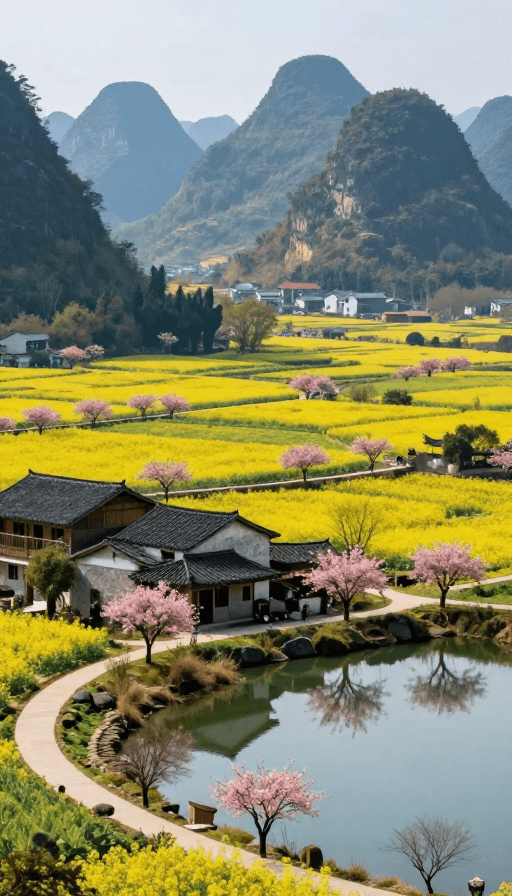 喀斯特地貌素材：写实油菜花海映中式古建与喀斯特山水