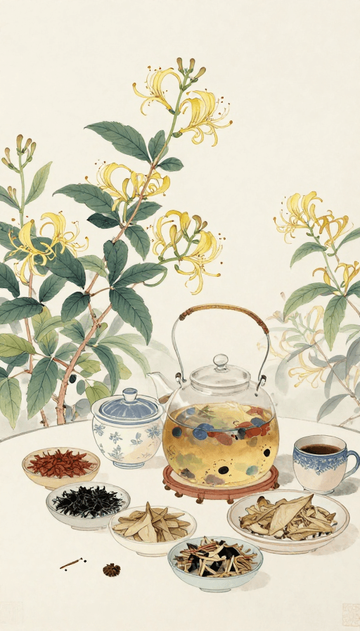 国画风格素材：金银花中药方剂的逼真国风国画