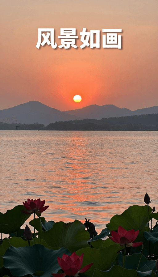 清新写实风格素材：宁静日落湖景：橙红阳光映碧波红花绿叶