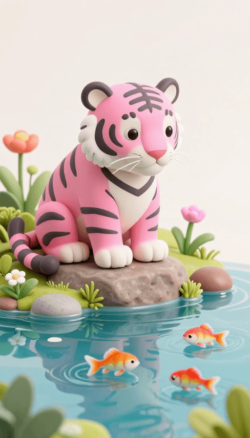 自然元素素材：粉色老虎凝望游鱼，微景观呈现几米艺术3D立体