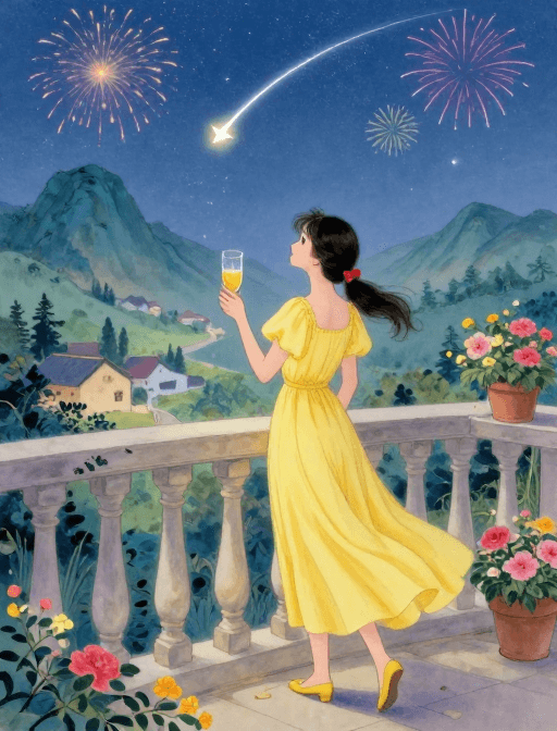 观星女孩素材：古典国画风中，鹅黄裙女孩观流星与花火同框于山水村落