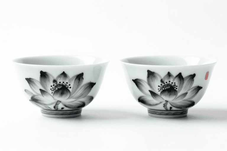新中式风格素材：水墨莲花茶盏：传统美学与光影的东方诗意