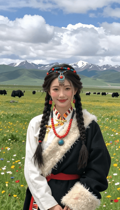 自然光拍摄素材：卓玛少女草原写真：雪山牦牛下的藏族风情