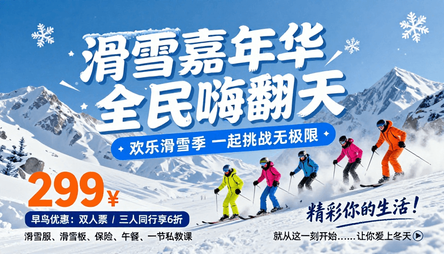冬季运动素材：冰雪狂欢·滑雪嘉年华活力海报
