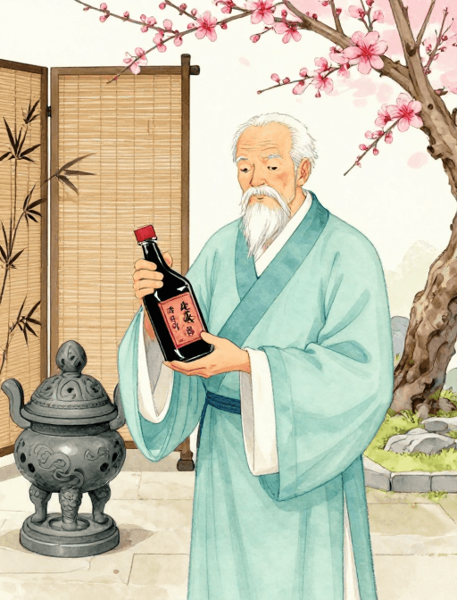 桃花庭院素材：浅青长衫老中医授醋饮养生法，桃花庭院水彩风