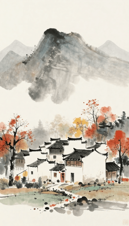秋景素材：水墨秋韵，静谧村落，中国风治愈风景