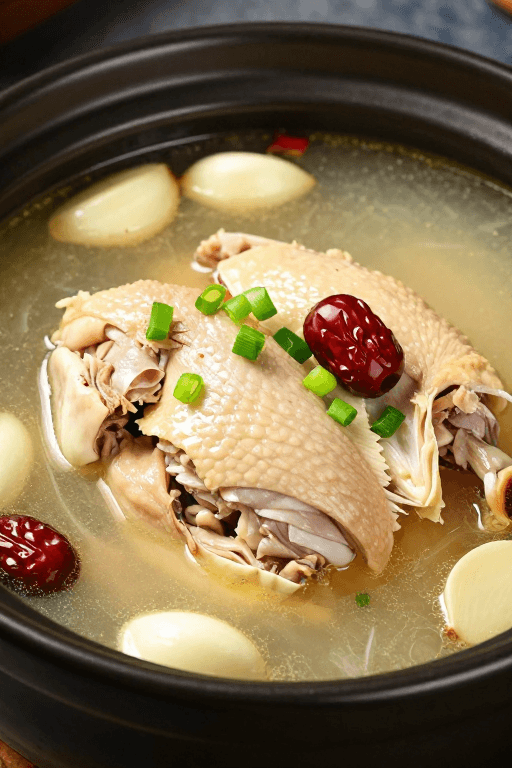 中式鸡汤素材：清亮金黄中式鸡汤特写，黑陶砂锅呈现温暖诱人食欲