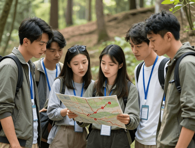 团队拓展素材：团队探索自然：五人专注研读地图的户外研学瞬间