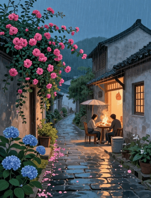 温馨家庭素材：雨夜花巷温暖人间烟火插画图