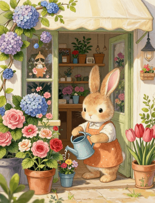 高清晰度素材：小兔子暖心开花店：治愈系细节满满插画
