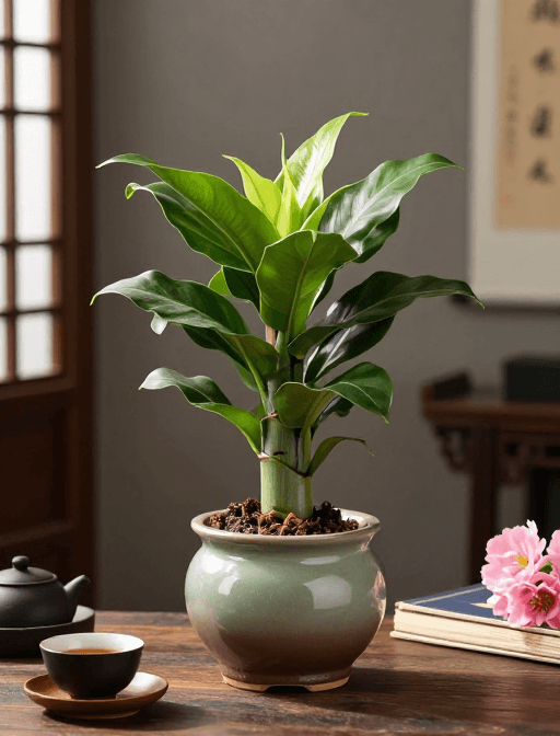 家居装饰素材：中式雅致空间：宁静水培巴西木与茶具书香