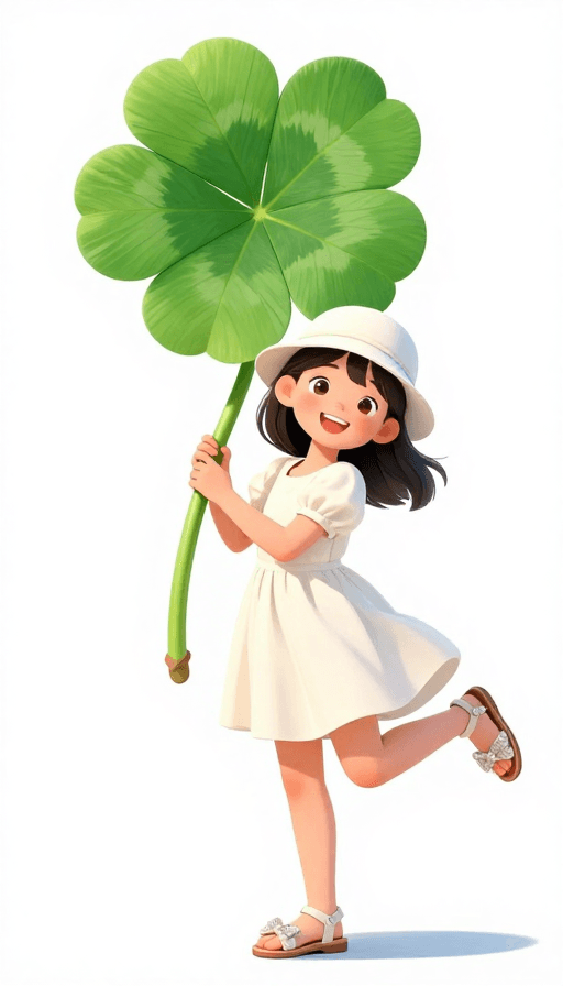 活泼少女形象素材：国漫风开心少女扛四叶草，阳光与好运的欢乐瞬间