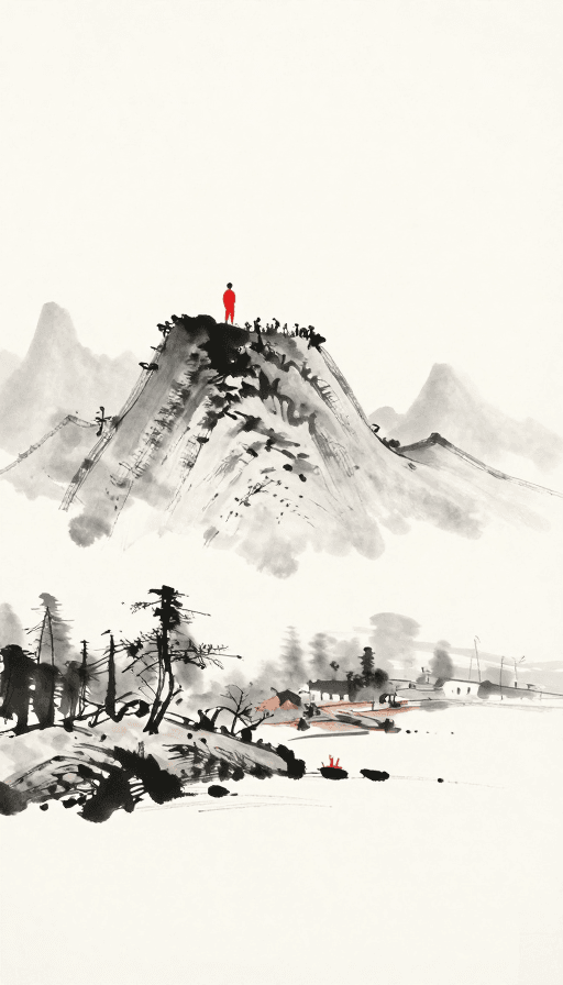 水墨风素材：飞笔绘山水人物，红黑白调大片留白