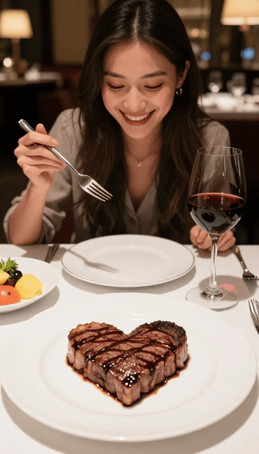 餐厅环境素材：温馨浪漫晚餐：爱心牛排与美酒邂逅真实人像摄影