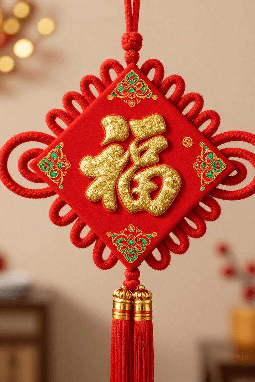 商业海报素材：红金暖调福字挂饰特写：节日装饰高清摄影