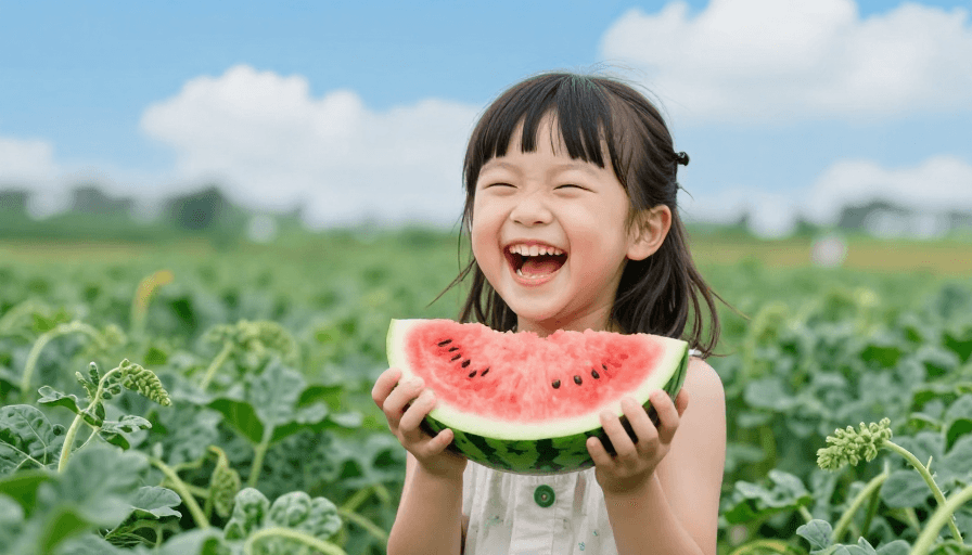 西瓜地素材：夏日童真：小女孩抱西瓜的欢笑高清摄影