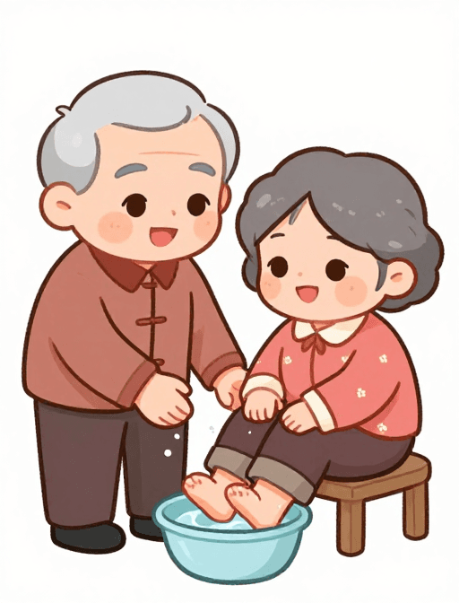 代际互动素材：爷爷为奶奶洗脚：温馨亲情卡通Q版插画
