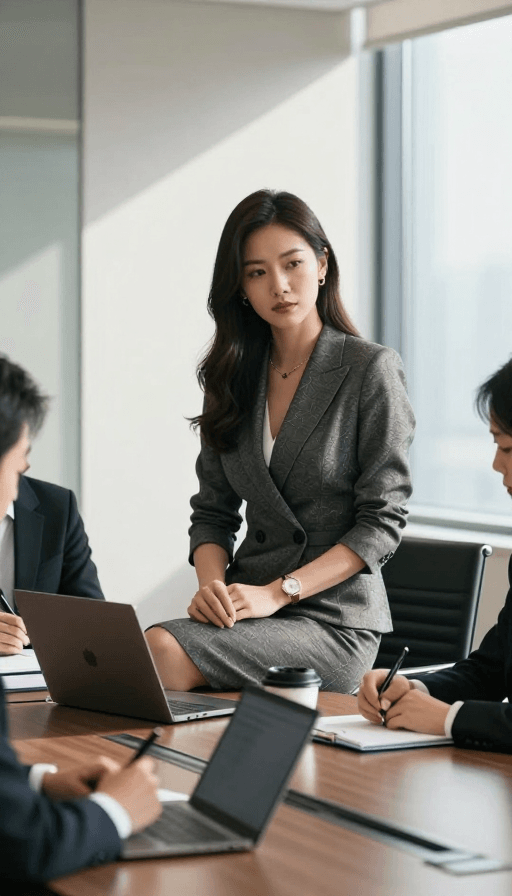现代办公室素材：精致职场女性于现代会议室专注开会，光影凸显优雅气质