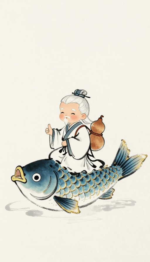 奇幻生物素材：水墨微缩老人骑金鳞巨鱼，大写意留白意境