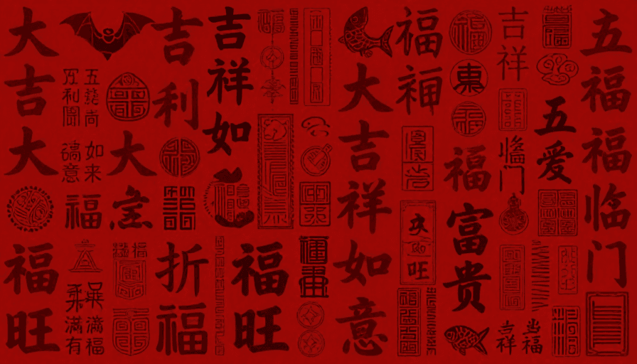 满版拼贴素材：深红复古中式吉祥文字装饰海报