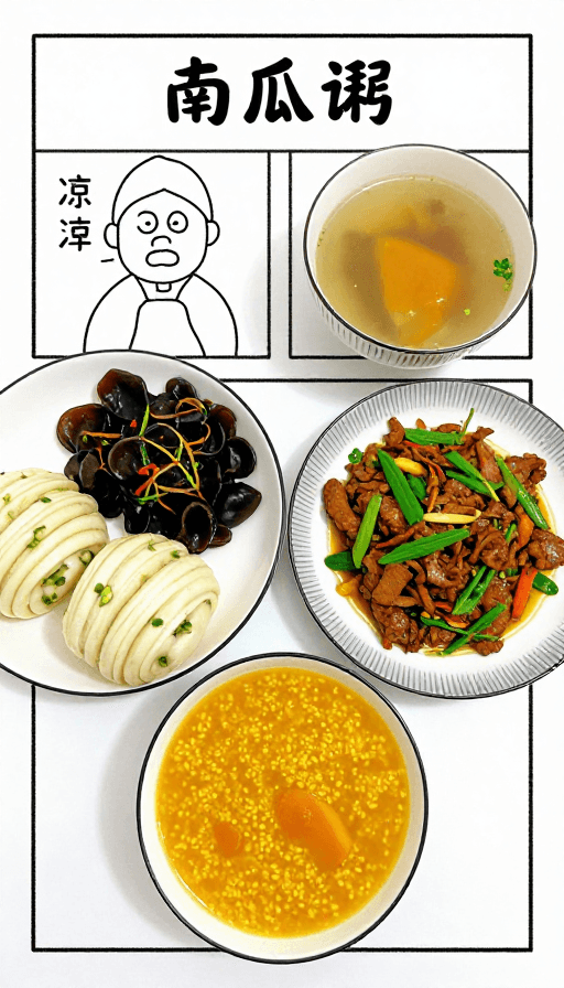 温馨生活素材：温馨手绘晚餐：南瓜粥与家常美味