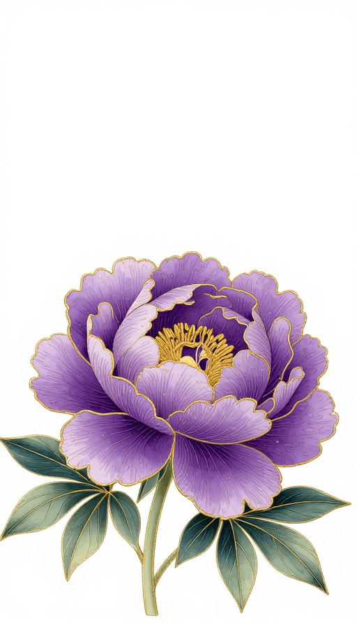 艺术装饰素材：紫牡丹金丝绣线 传统艺术风插画