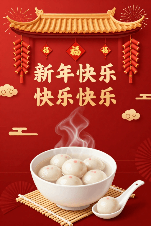 中国红素材：红火团圆：春节汤圆节庆插画