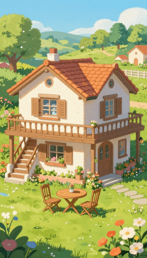 温馨场景素材：春日治愈别墅：田园风温馨全景手绘画