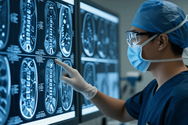 冷色调光影素材：精准诊断：医疗专家解析脊柱MRI影像细节