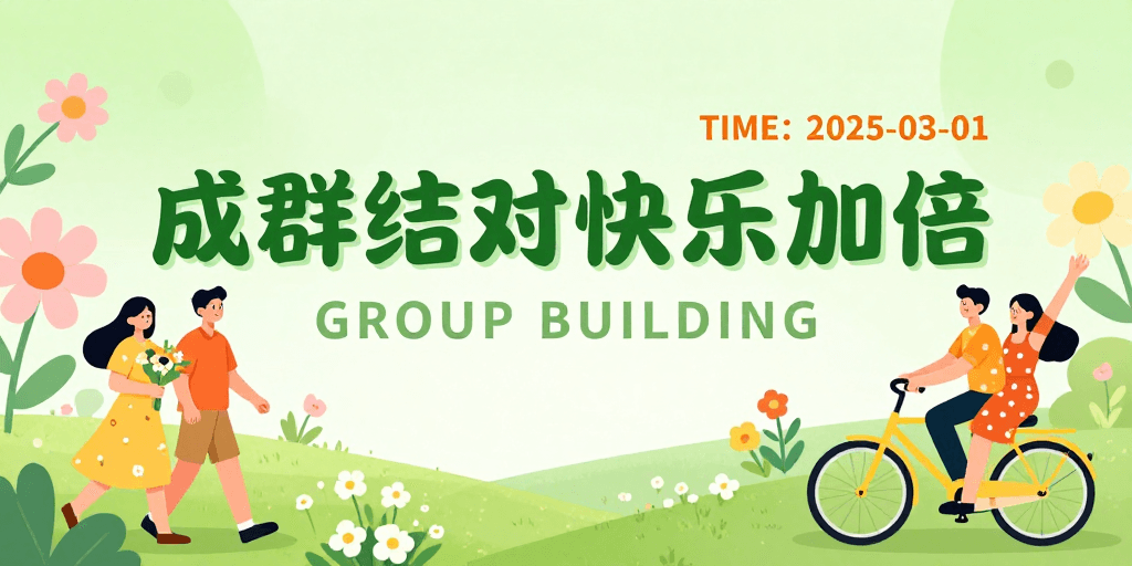 绿色渐变素材：春日活力：扁平插画团建海报，携手同行快乐加倍