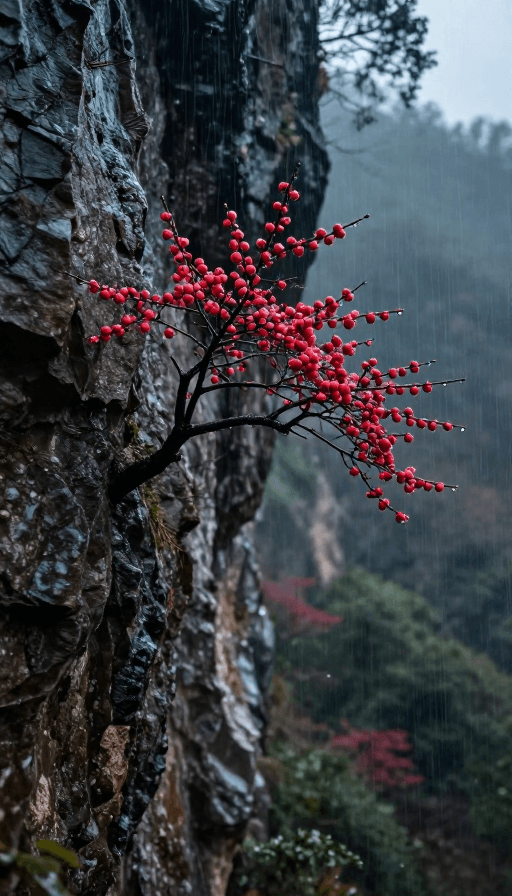 雨景素材：雨中山崖古梅：水墨意境高清实拍