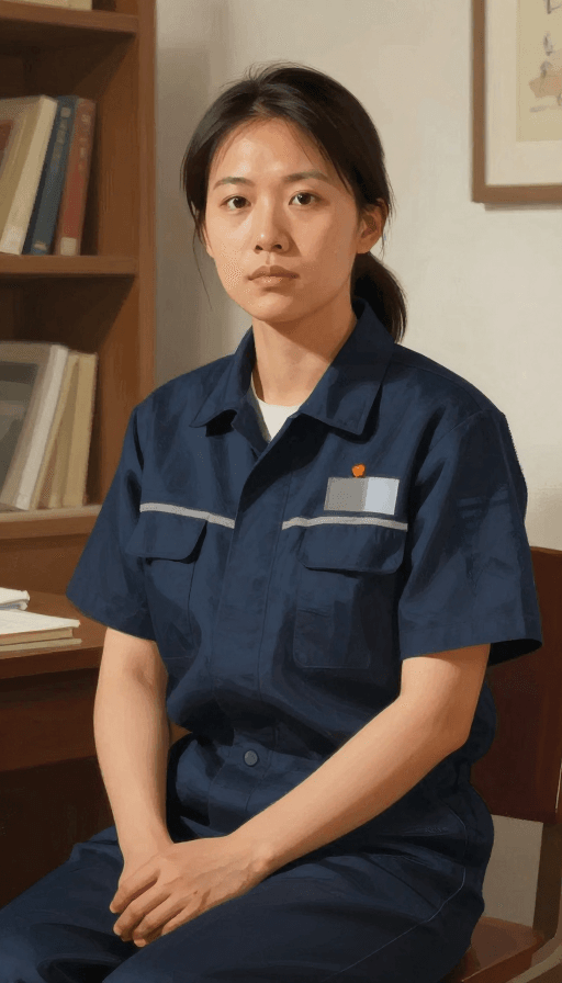 职场女性素材：严肃女工人在书房专注工作，厚涂风格插画