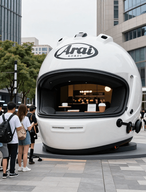 Arai品牌素材：城市广场巨型Arai头盔屋变身咖啡店，长队吸睛