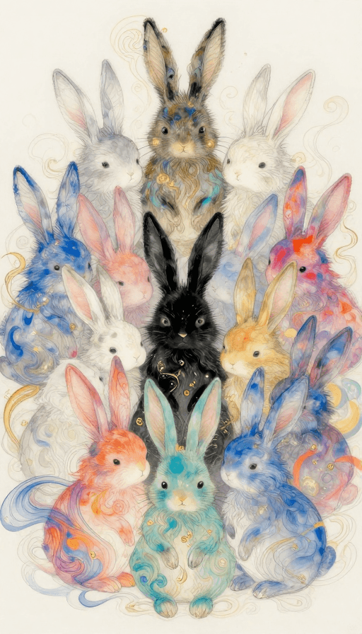 治愈风格素材：幻彩黑兔·治愈线稿绘本插画