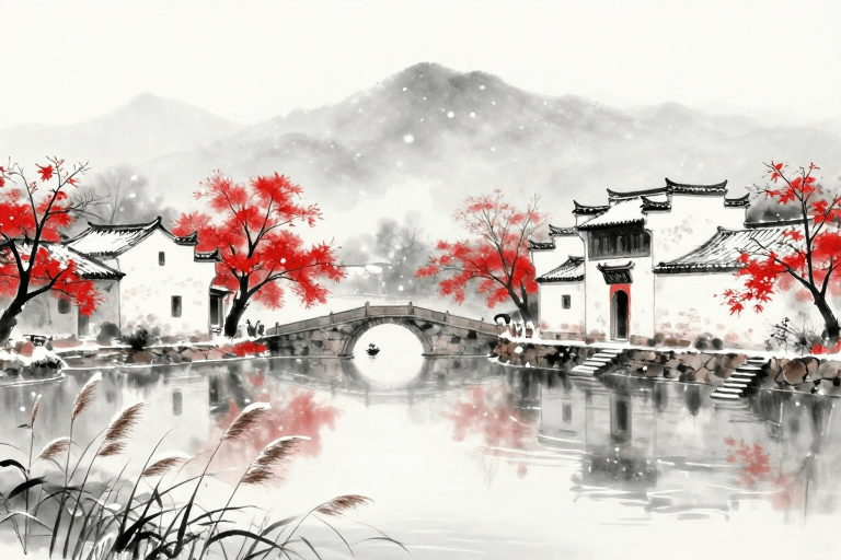 UI背景素材：水墨江南雪韵：古建红枫的静谧画卷