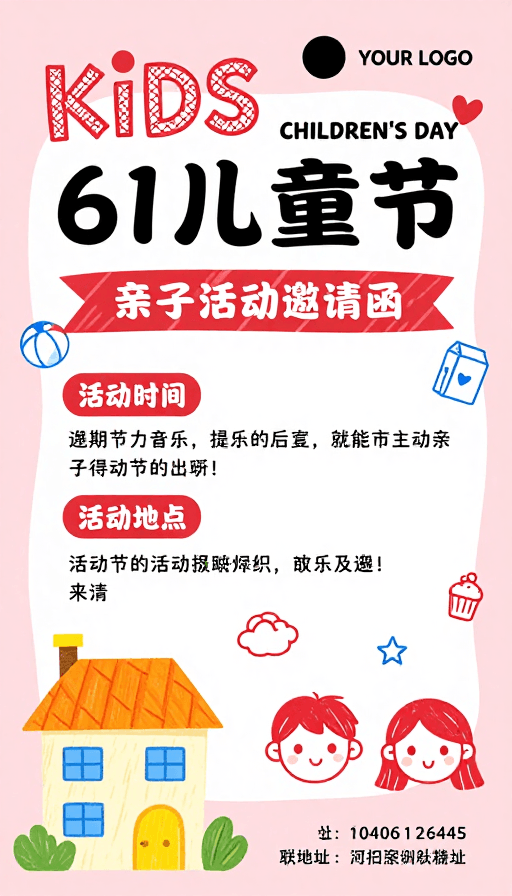 插画风素材：温馨粉红调儿童亲子活动邀请函