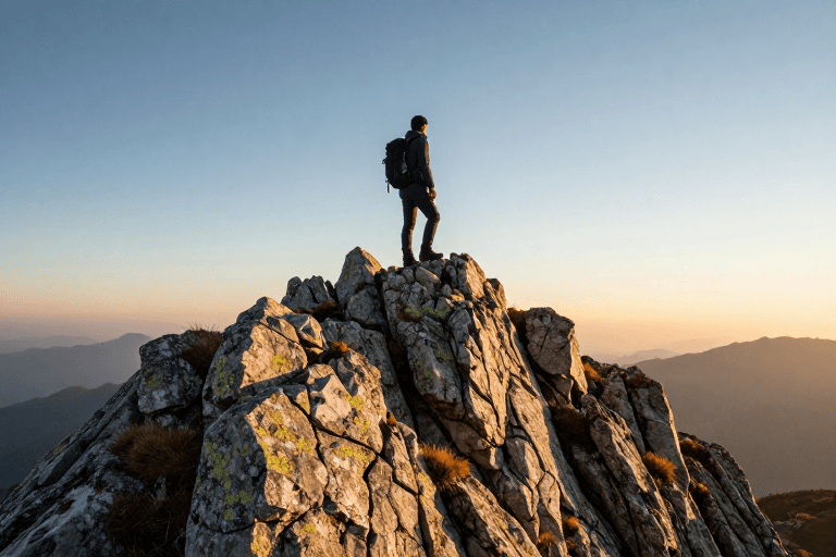 登山探险素材：晨曦登顶：登山者征服嶙峋山脊的自然史诗