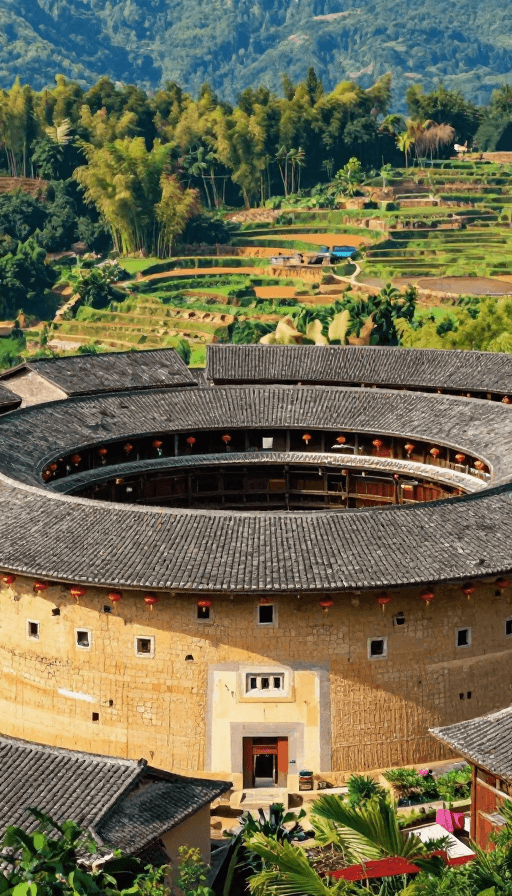 古建筑群素材：古老客家土楼与梯田的油画风全景