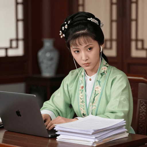 办公场景素材：绿衣黛玉戴耳机办公，傲娇面对镜头的现代感