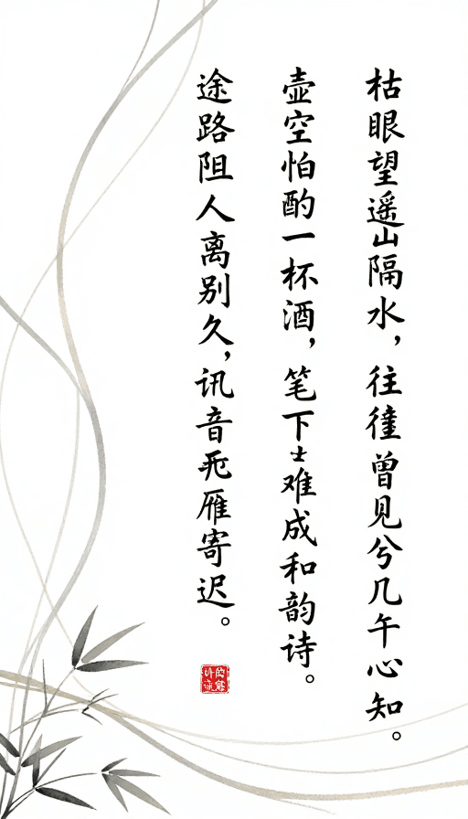 抽象插画素材：简约抽象旅程诗韵：水墨行书与竹叶交织的艺术