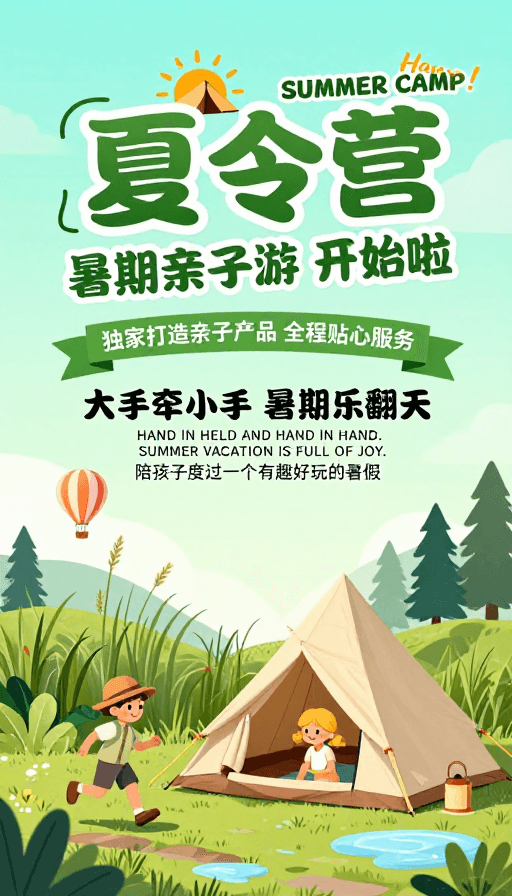 亲子游素材：清新自然夏日亲子露营主题海报
