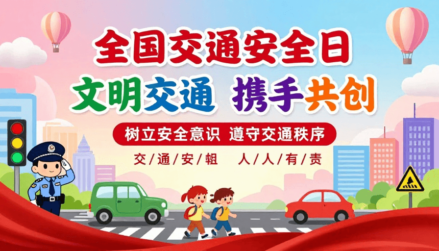渐变背景素材：全国交通安全日卡通海报：文明出行共创安全