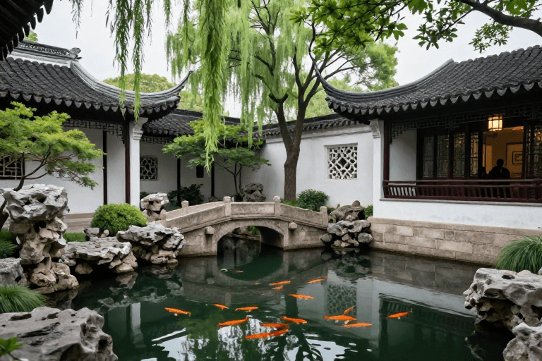 太湖石假山素材：江南古韵：庭院静景与锦鲤的诗意交响