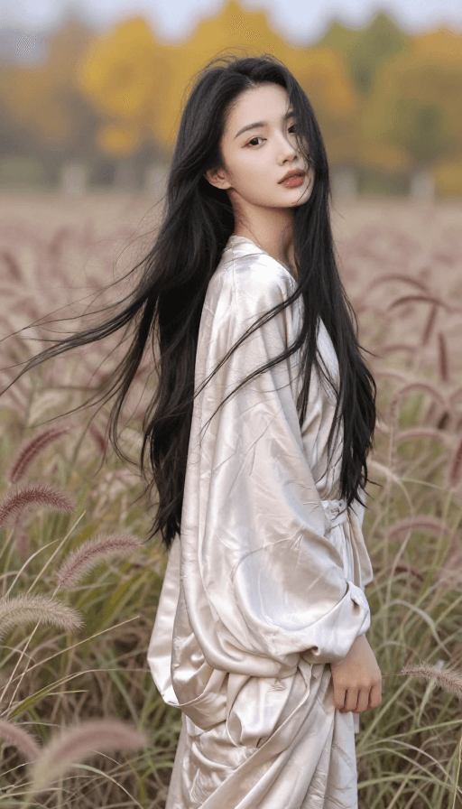 户外摄影素材：秋日自然中的丝绸美人全景写真