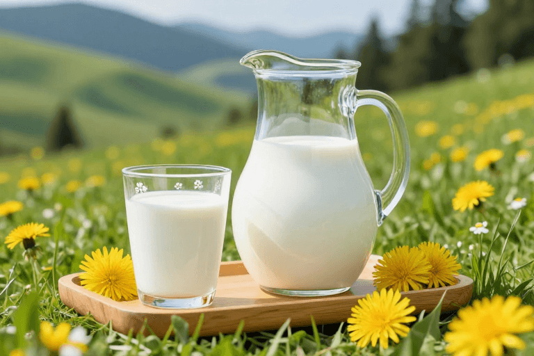 自然光景素材：清新自然乳业风光：阳光下的纯净牛奶与田园静物