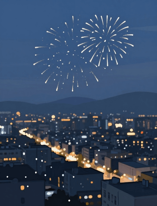 清冷感素材：清冷烟火：极简风城市夜景厚涂插画