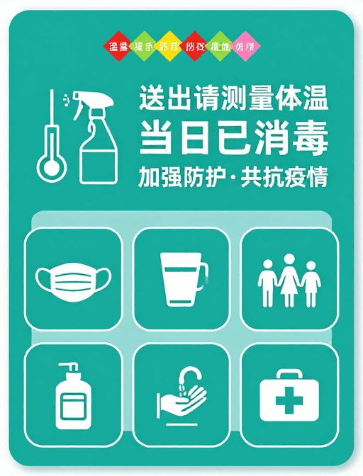 信息可视化素材：简约现代防疫标识设计：青绿配色与清晰指令
